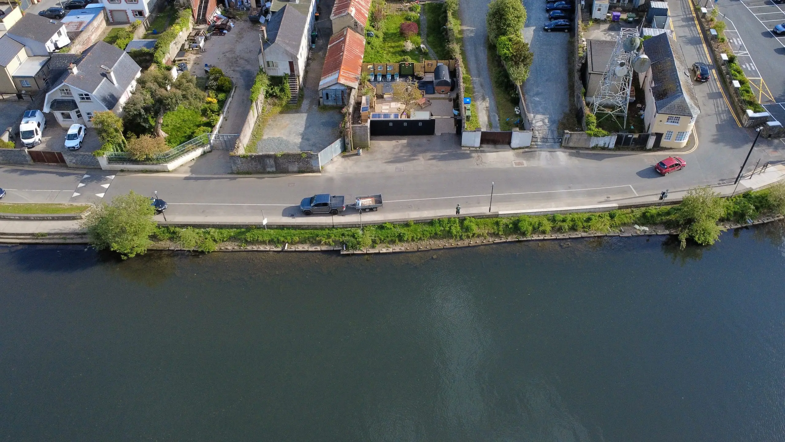 Aerial view of Arklow North Quay along the river