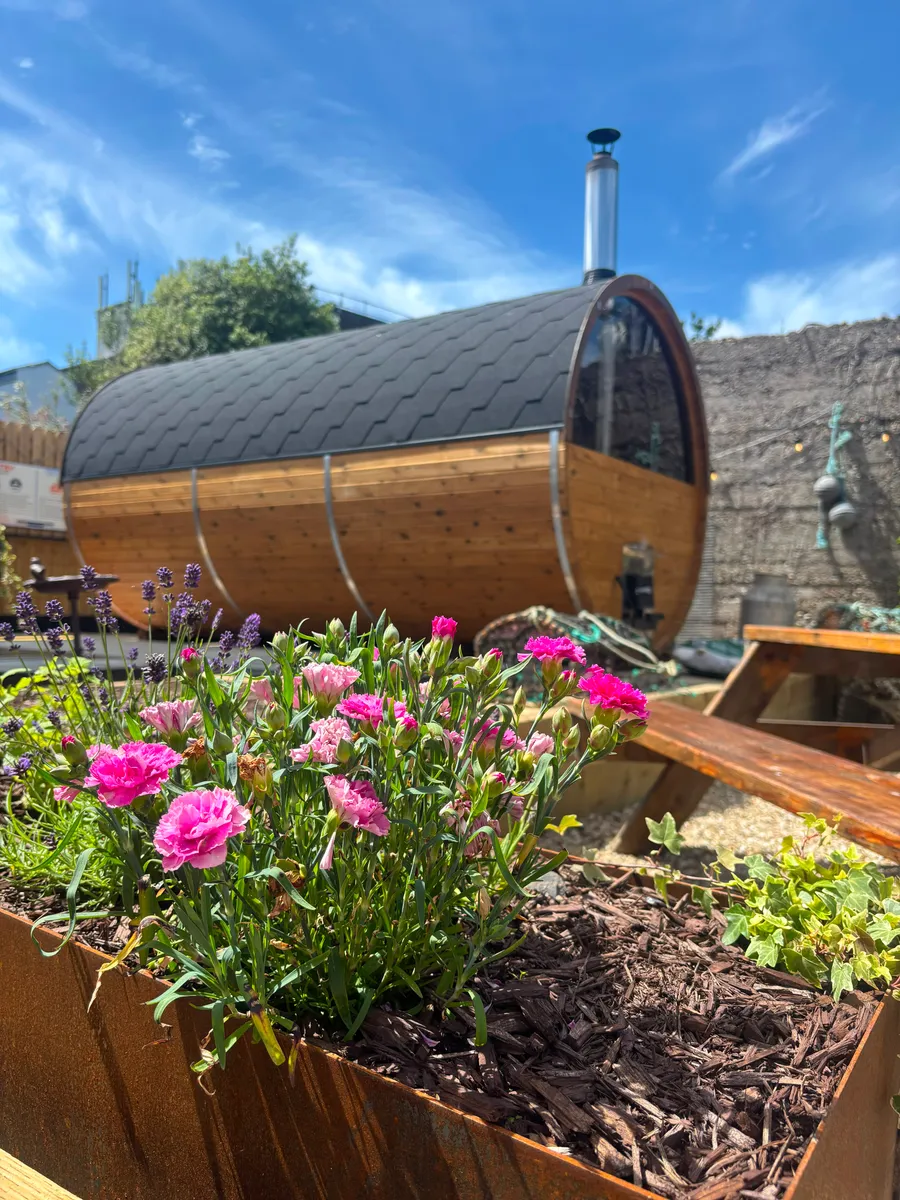 Pink carnations and lavender in a planter beside the barrel sauna